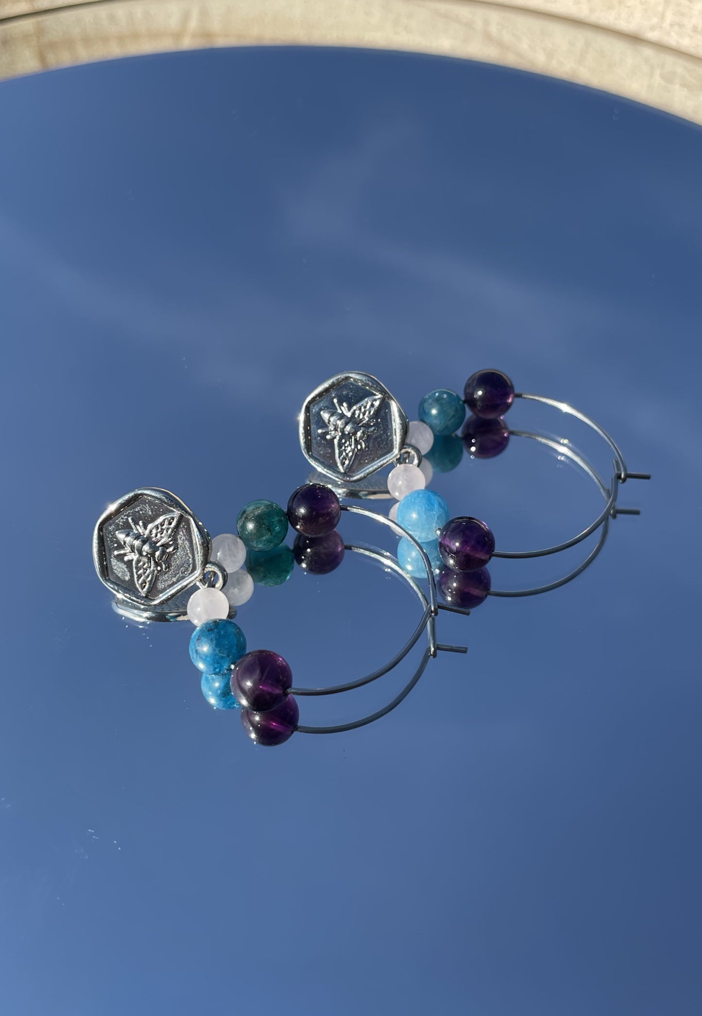 Apatite, amethyst and rose quartz bee earrings