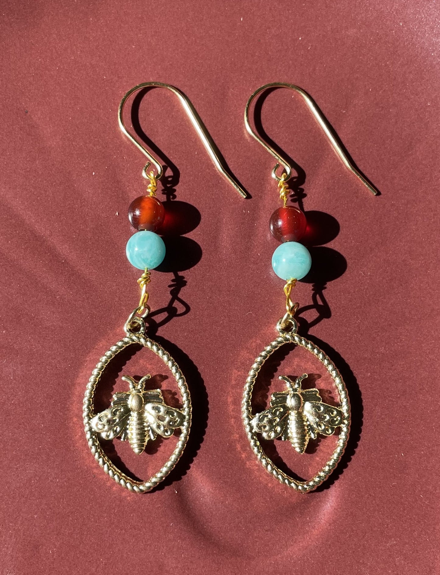 Carnelian and amazonite bee earrings